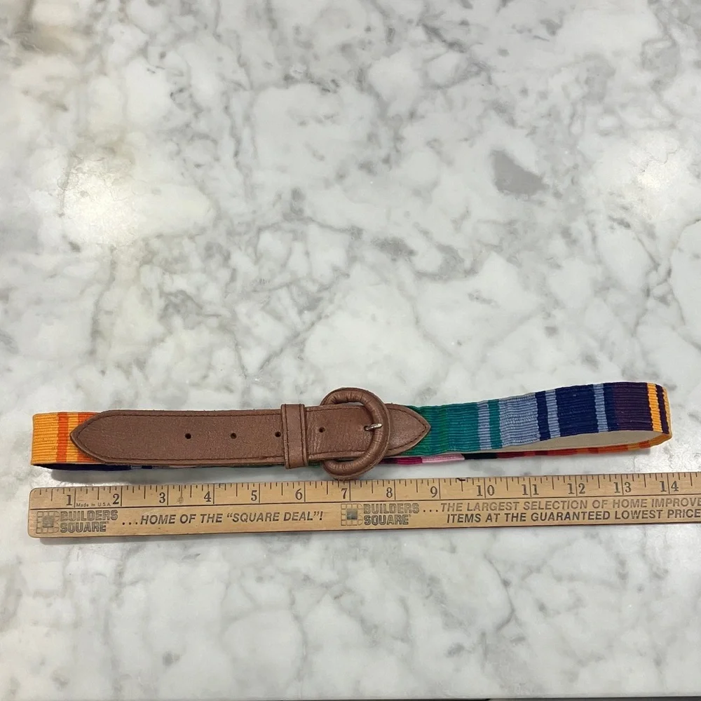 Vintage Colorful Striped Belt with Brown leather Buckle adjustable Guatemala OS